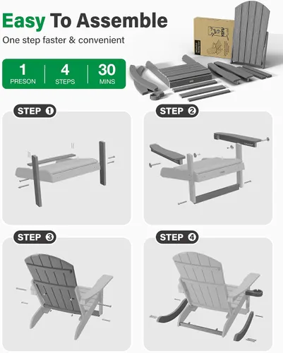 Miniatura 8 de YEFU Sillas Adirondack con otomana retráctil: sillas mecedoras Adirondack de gran tamaño, respaldo alto ajustable de 5 niveles, balancín para Gris