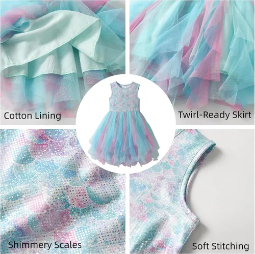 Miniatura 6 de VIKITA Vestido tutú para niñas pequeñas, falda de princesa de tul de sirena, traje de fiesta de cumpleaños de verano para niñas pequeñas de 3 a 8
