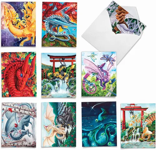 The Best Card Company - 10 tarjetas de notas en blanco (4 x 5.12 pulgadas) - Divertidas tarjetas de fantasía mítica, en caja de saludos surtidos -