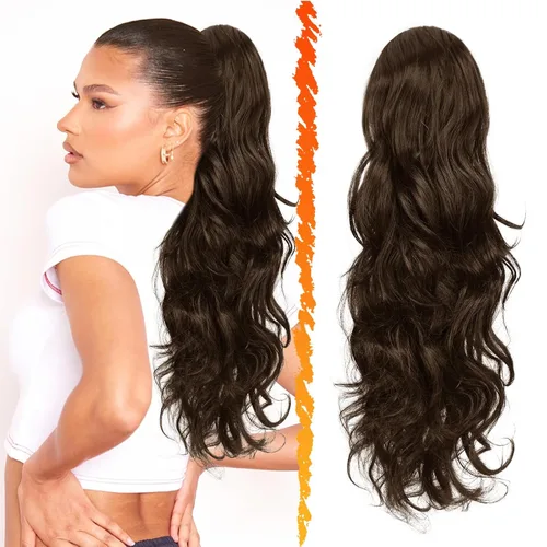 Miniatura 23 de BARSDAR Extensión de cola de caballo rojo burdeos, extensiones de cabello ondulado con cordón de 16 pulgadas para mujer, extensiones de cabello