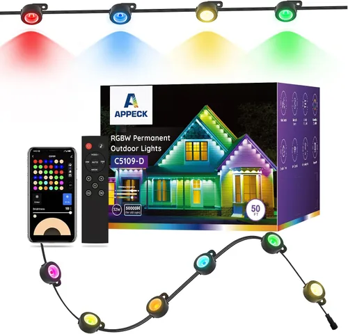 Miniatura 12 de APPECK Luces de exterior permanentes de 100 pies con 72 LEDs, modos de escena DIY, luces de cadena RGBW inteligentes impermeables, control por Negro