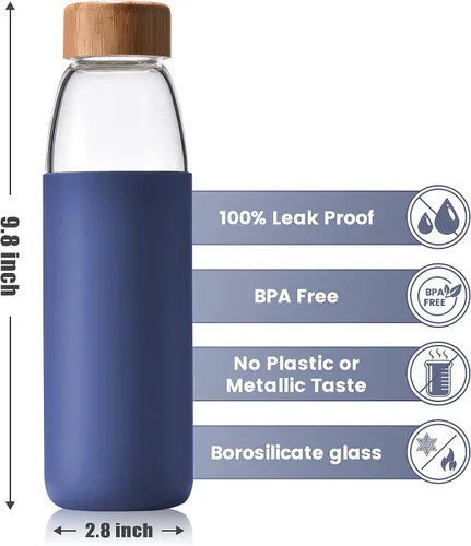 Miniatura 6 de Botellas de agua de vidrio de borosilicato de 25 onzas con tapa de bambú, sin BPA, funda de silicona antideslizante y tapa a prueba de fugas de Azul
