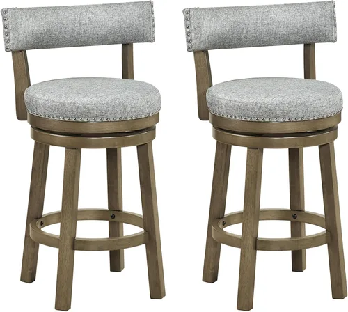 Miniatura 15 de COSTWAY Taburete de bar giratorio de 27 pulgadas, con respaldo acolchado y patas de madera de goma, silla de desayuno para isla de cocina