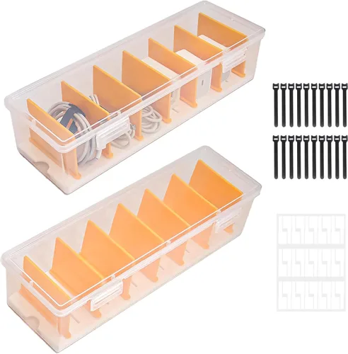 Klmnop Paquete de 2 cajas organizadoras de cables con 20 bridas de alambre, 30 etiquetas para cables, caja de almacenamiento de cables de plástico