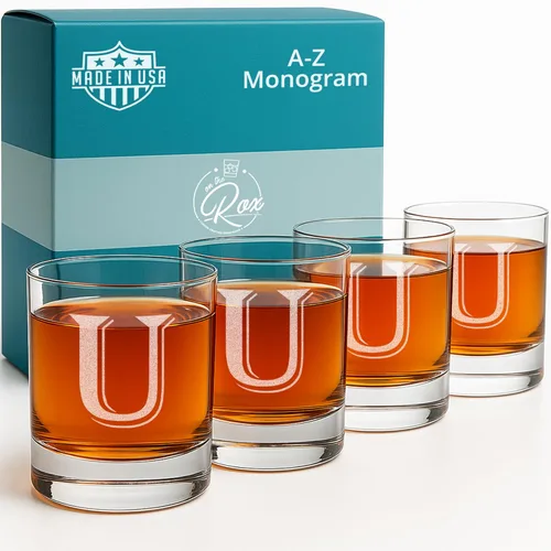 Miniatura 22 de On The Rox Drinks Juego de 4 vasos de vidrio grabados con monograma B, 11 onzas