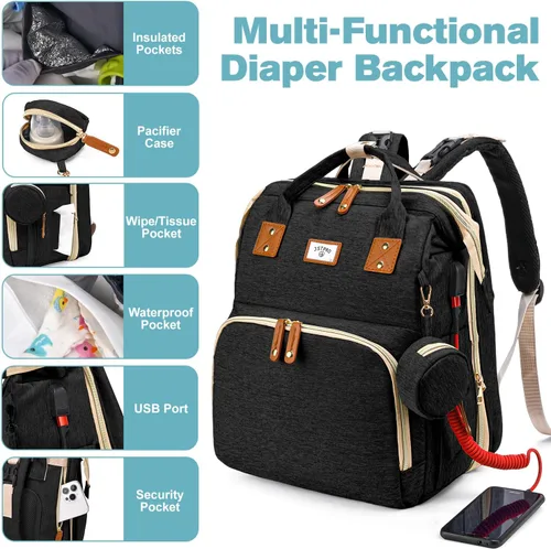 Miniatura 6 de JSTPRO Mochila para pañales, bolsa de pañales grande impermeable y ligera con cambiador, bolsillos aislados, puerto USB, bolsa de viaje para mamá