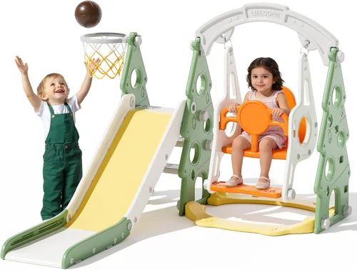 Miniatura 12 de XJD - Juego de tobogán y columpio 5 en 1 para niños pequeños, tobogán para niños de 1 año en adelante, juego de exterior para niños pequeños con aro