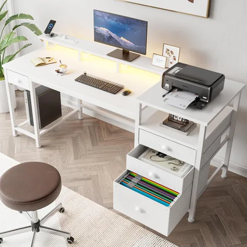Miniatura 8 de Furologee Escritorio para juegos de 52 pulgadas con luces LED y tomas de corriente, escritorio reversible para computadora con 4 cajones, archivador