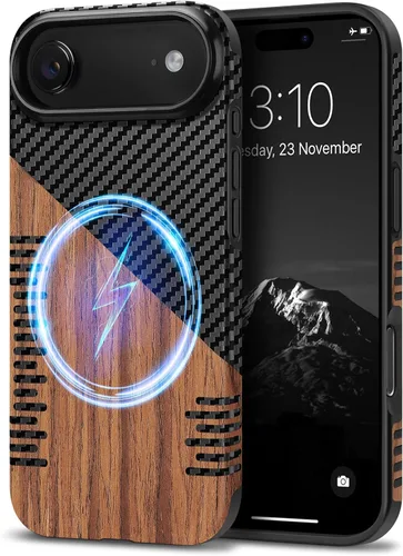 Miniatura 37 de TENDLIN Compatible con iPhone 17 Pro Max Funda de madera con textura de fibra de carbono Diseño de cuero híbrido delgado (negro)