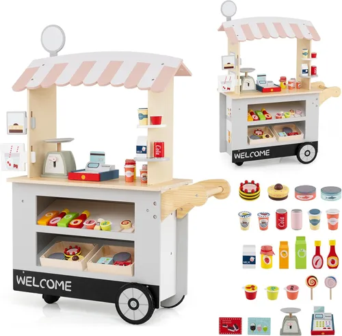 Costzon Juego de tienda de comestibles para niños, juego de soporte de mercado de simulación para niños pequeños con juguete de juego de 30 piezas,