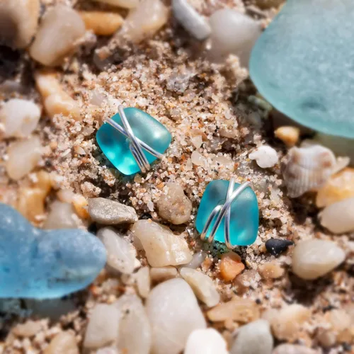 Miniatura 5 de Aretes de Cristal de Mar S990 Plata Esterlina Hipoalergénicos Hechos a Mano con Poste Aretes de Cristal de Playa Joyería Artesanal de Declaración