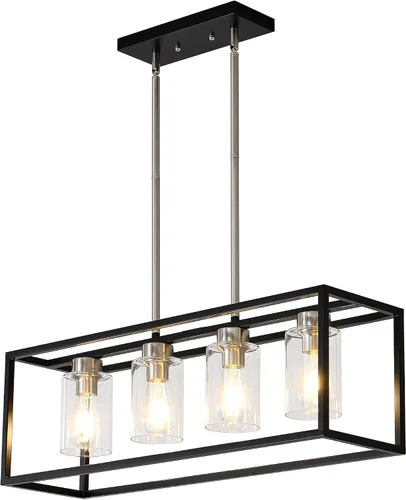 Miniatura 14 de XILICON - Lámpara colgante de comedor estilo granja de níquel cepillado, 5 luces, moderna, lámpara colgante contemporánea con pantalla de cristal