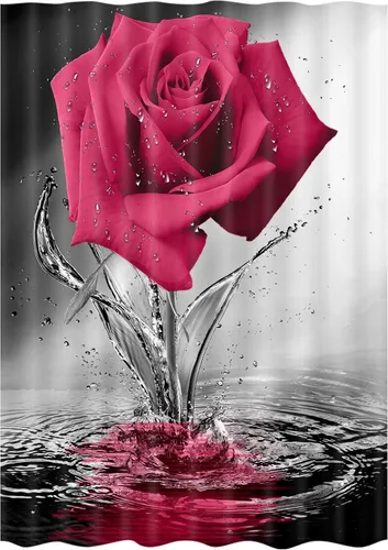Miniatura 20 de JAWO Cortina de ducha con diseño de rosas, románticas flores y rosas rojas reflejadas en el agua, cortina de baño de tela, cortina de baño negra