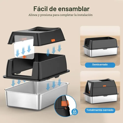 Miniatura 4 de Caja de arena de acero inoxidable con tapa, caja de arena para gatos de entrada frontal y salida superior, caja de metal cerrada extragrande