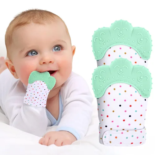 Miniatura 12 de Vicloon Paquete de 2 Manoplas de Dentición de Silicona, Manopla Calmante para la Dentición Infantil Alivio del Dolor, Guante Previene Arañazos, Azul