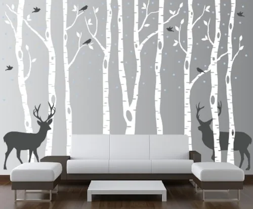Innovative Stencils Calcomanía de vinilo de abedul para pared, bosque con pájaros de nieve y ciervos, extraíble (9 árboles) #1161 (árboles blancos,