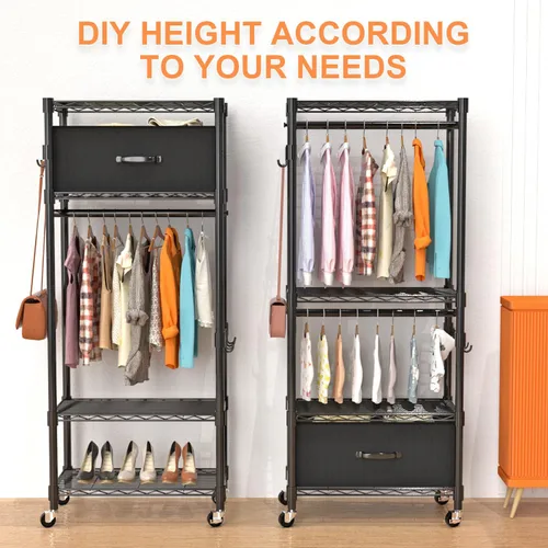 Miniatura 4 de VyGrow Perchero de Ropa, Perchero de Ropa para Colgar Ropa, Sistema Organizador de Armario Ajustable de 4 Niveles con Cajón Varillas Dobles