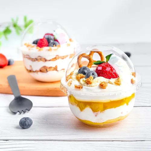 Miniatura 7 de Zezzxu Paquete de 50 vasos de postre de plástico de 9 onzas con tapas de cúpula (sin agujero) y tenedores, vasos desechables para frutas, helados