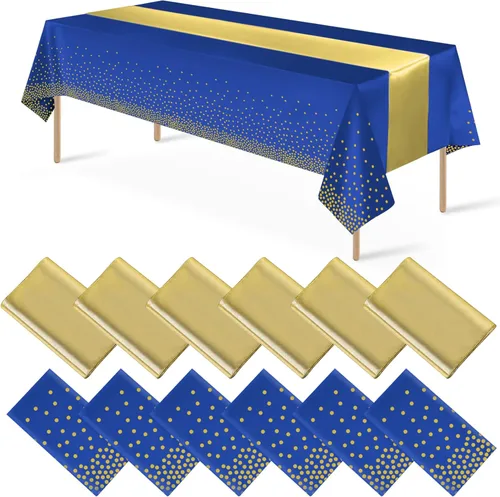 Miniatura 14 de 8 paquetes de manteles de plástico desechables y juego de camino de mesa de satén negro con dorado, mantel de satén dorado para graduación, boda