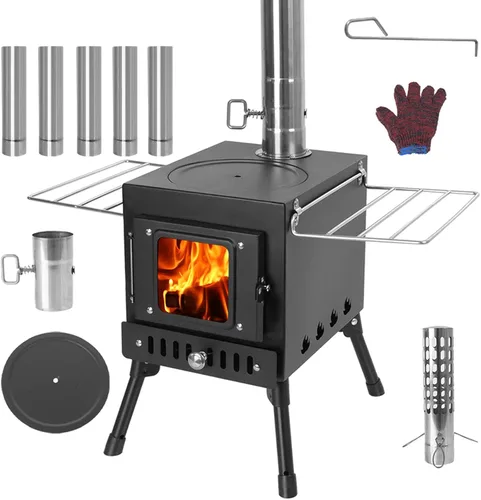 Estufa de leña, estufa de madera con tubos de chimenea, pequeña estufa de madera para acampar con protección contra chispas y tubo ajustable para