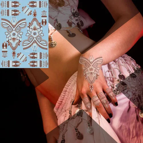 Miniatura 4 de Xmasir 12 hojas de pegatinas de tatuaje de henna de dos colores, juegos de plantillas de tatuaje temporal impermeables, kit de plantillas de tatuaje