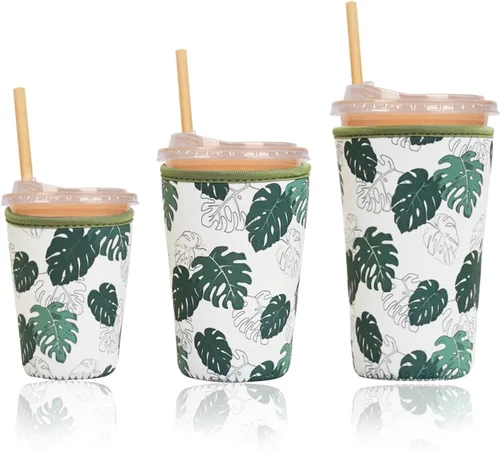 Miniatura 41 de Funda aislante reutilizable para taza de café helado, paquete de 3 fundas de neopreno para bebidas frías y calientes, soporte para bebidas para café