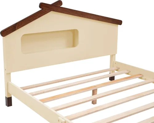 Miniatura 6 de Quarte Cama de plataforma de madera de tamaño matrimonial para niños con cabecera en forma de casa y luces nocturnas activadas por movimiento,