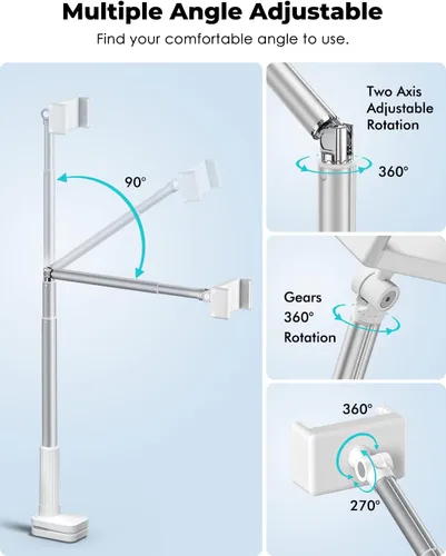 Miniatura 3 de Viozon Soporte para teléfono, brazo largo flexible, montaje superior, ángulo ajustable de 360°, aleación de aluminio, abrazadera C para cabecero