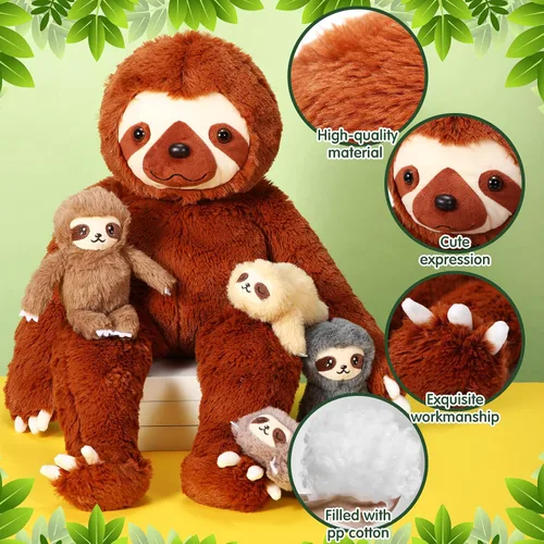 Miniatura 4 de Kasyat Juego de 5 juguetes de peluche de perezoso de 13 pulgadas con 4 lindos peluches de bebé en vientre con cremallera para niños, regalos