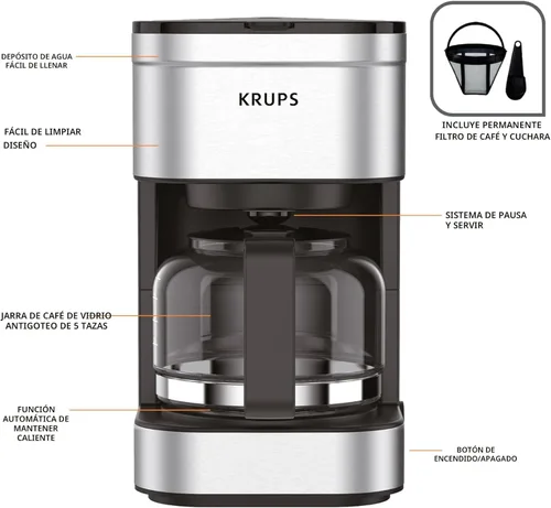 Miniatura 6 de KRUPS Simply Brew - Cafetera compacta de 5 tazas: diseño de acero inoxidable, pausa y prepara, mantiene el calor, filtro reutilizable, jarra sin
