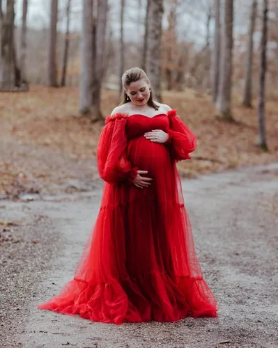 Miniatura 5 de Vestido de tul para baby shower, con volantes, vestido de maternidad para sesión de fotos, manga larga, vestidos de maternidad para sesión de fotos