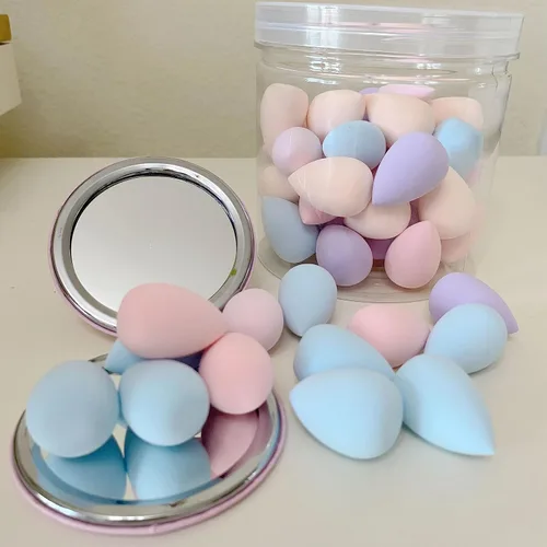 Miniatura 2 de 50 mini esponjas de maquillaje pequeñas y soplete de polvo con espejo de maquillaje, licuadora de belleza multicolor, esponja de maquillaje