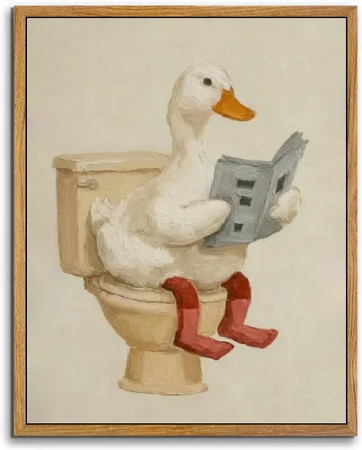 AtterrirArt Divertido arte de pared enmarcado para baño, 8 x 10 pulgadas, lindo pato en el inodoro, lectura de periódico, decoración de pared de