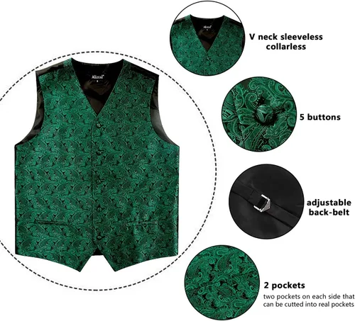Miniatura 5 de Alizeal Chaleco de traje de cachemira para hombre, corbata de lazo autoatada, conjunto de corbata y bolsillo cuadrado de 3.5in