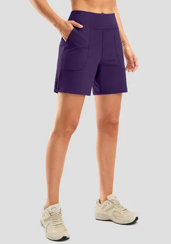 Miniatura 3 de SANTINY Bermudas de 6 pulgadas para mujer con bolsillos, pantalones cortos de cintura alta para correr