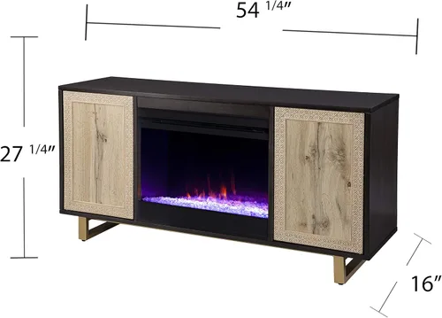 Miniatura 3 de SEI Furniture - Chimenea que cambia de color Wilconia con almacenamiento multimedia y detalles tallados - Diseño de transición, vidrio marrón