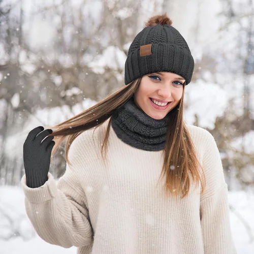 Miniatura 6 de Conjunto de gorro y bufanda de invierno para mujer, 3 piezas, grueso y cálido, gorro de calavera, guantes para pantalla táctil