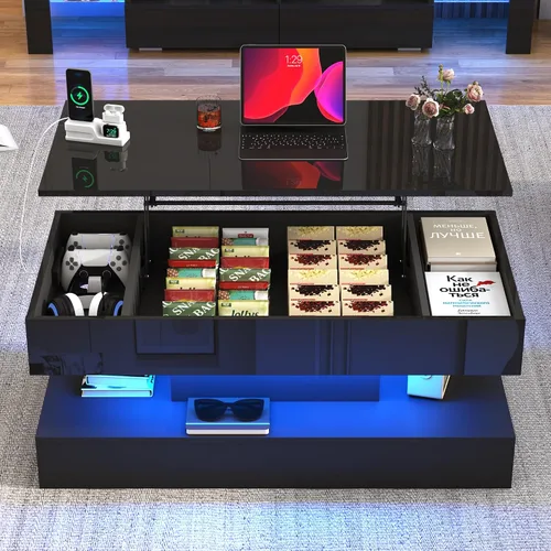 Miniatura 7 de 39.4" Mesa de café grande con tapa elevable, modernas mesas de café LED de alto brillo para sala de estar con almacenamiento, mesas de salón negras