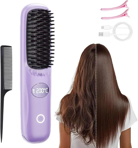 Miniatura 9 de Go Brush Pro - Cepillo alisador de pelo inalámbrico, mini cepillo alisador portátil para mujeres con 3 ajustes de temperatura, pantalla LED, peine