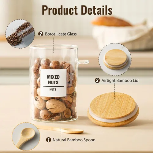 Miniatura 5 de Paquete de 6 tarros de vidrio de 32 onzas con tapas de bambú, recipientes de almacenamiento de vidrio con tapas, tarro hermético transparente