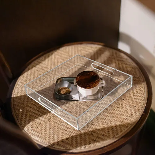 Miniatura 5 de Bandeja de acrílico para servir (12 x 12 x 2 pulgadas) con asas, a prueba de derrames, bandeja decorativa transparente para aperitivos, desayuno