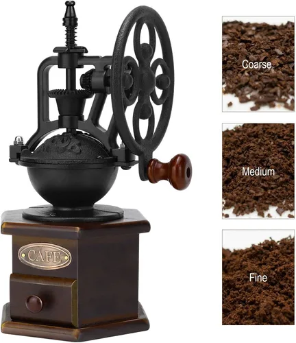 Miniatura 5 de IMAVO Molinillo de café manual, molinillo de grano de café de madera con manivela de hierro fundido, diseño antiguo, perfecto para el hogar, Máquina