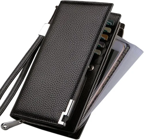 Miniatura 4 de Huztencor Carteras largas para hombre billetera plegable de cuero con bloqueo RFID y cremallera Cartera RFID