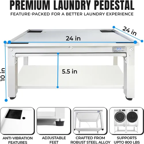 Miniatura 3 de Pedestal para lavadora y secadora con estante extraíble, 24 pulgadas de ancho, 10 pulgadas de alto, acero blanco, ajuste universal con las Blanco