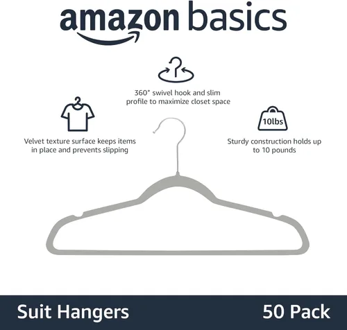Miniatura 2 de Amazon Basics - Juego de 50 perchas antideslizantes, delgadas, con acabado de terciopelo, color gris/plateado
