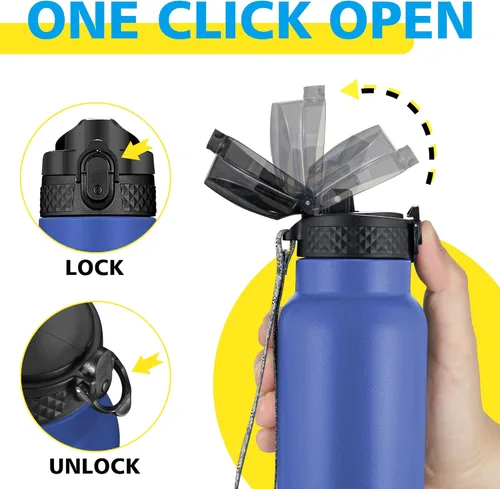 Miniatura 4 de Han's Bottle Botella de agua para niños con tapa con pajilla, vaso reutilizable de acero inoxidable aislado para niñas, niños, taza térmica, 12 Azul