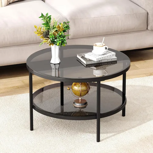 Miniatura 3 de Yusong Mesas de centro redondas de vidrio para sala de estar, mesa auxiliar circular de 2 niveles con almacenamiento, mesa central moderna de 26