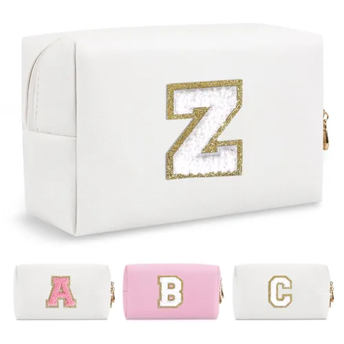 Miniatura 260 de Pequeña bolsa de maquillaje personalizada con inicial A-Z Preppy Patch, bolsa de cosméticos de viaje de felpilla blanca con cremallera, bonita bolsa