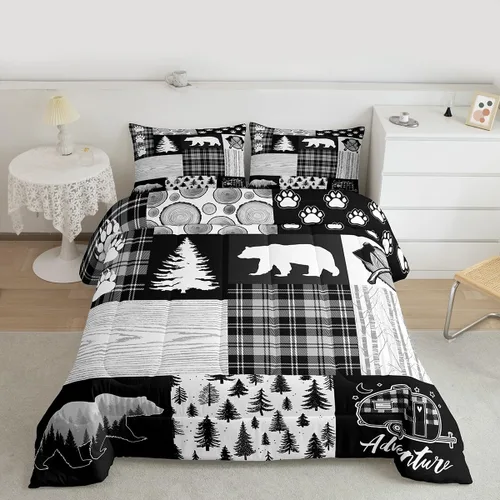 Miniatura 144 de Juego de edredón de cuernos de ciervo tamaño individual, juego de ropa de cama rústica de granja con huellas de oso y pinos para decoración