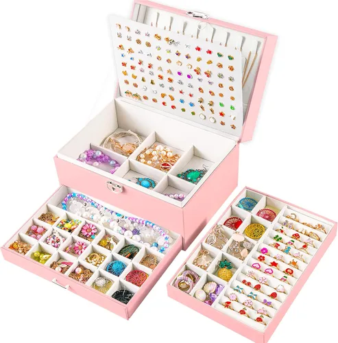 Miniatura 100 de Joyero de pendientes para mujeres y niñas, organizador de aretes de 5 capas, caja organizadora de joyas blanca con candado, collares y aretes